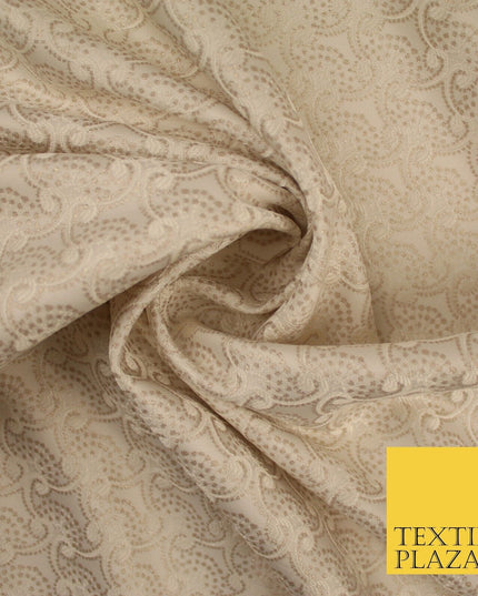 Nude Beige Ornate Swag Dotted Fancy Brocade Jacquard Dress Fabric 56" 8509