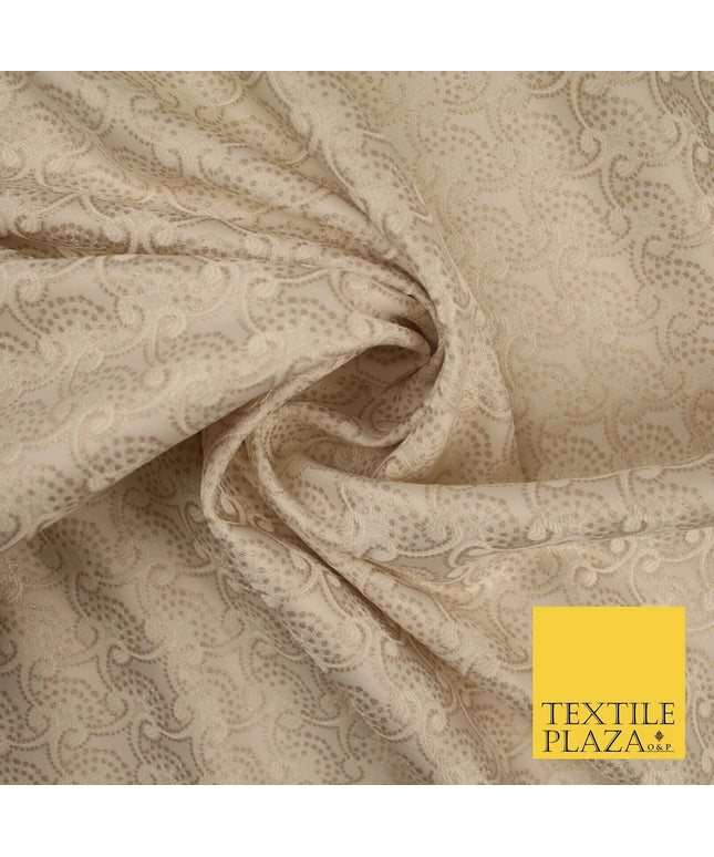 Nude Beige Ornate Swag Dotted Fancy Brocade Jacquard Dress Fabric 56" 8509