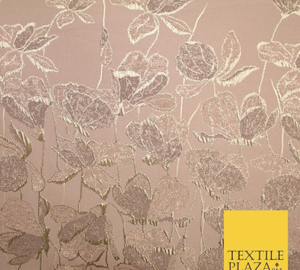 Light Peach Gold Falling Floral Border Metallic Textured Brocade Fabric 8513