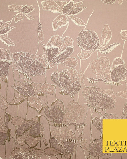 Light Peach Gold Falling Floral Border Metallic Textured Brocade Fabric 8513
