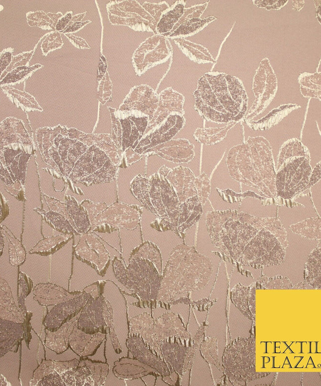 Light Peach Gold Falling Floral Border Metallic Textured Brocade Fabric 8513