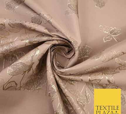 Light Peach Gold Falling Floral Border Metallic Textured Brocade Fabric 8513