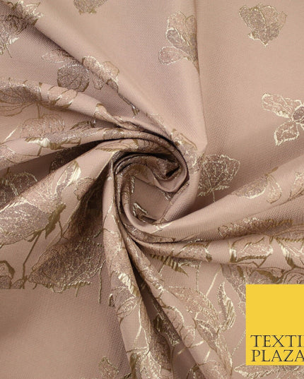 Light Peach Gold Falling Floral Border Metallic Textured Brocade Fabric 8513