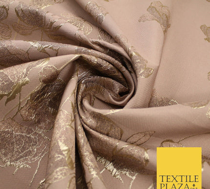 Light Peach Gold Falling Floral Border Metallic Textured Brocade Fabric 8513