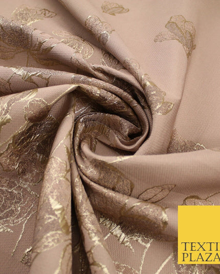 Light Peach Gold Falling Floral Border Metallic Textured Brocade Fabric 8513