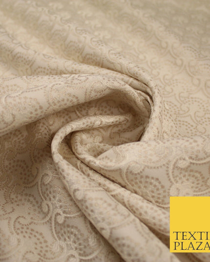 Nude Beige Ornate Swag Dotted Fancy Brocade Jacquard Dress Fabric 56" 8509