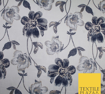 Charcoal Grey Black Floral Metallic Textured Brocade Jacquard Dress Fabric 8511