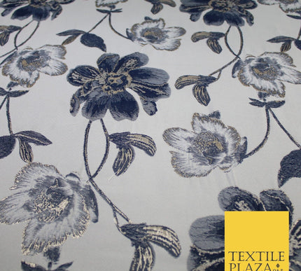 Charcoal Grey Black Floral Metallic Textured Brocade Jacquard Dress Fabric 8511