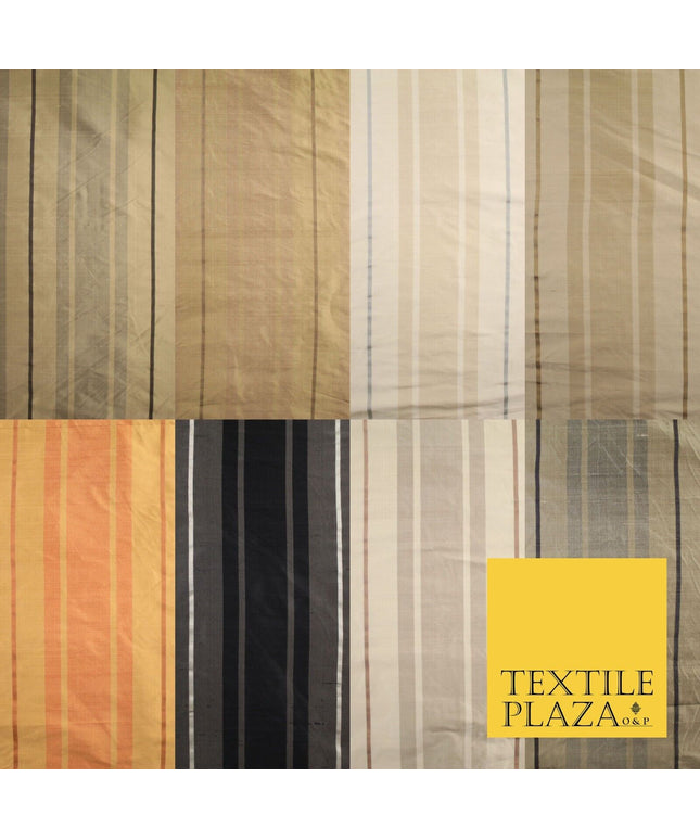 8 COLOURS - Fryetts Luxury Textured Multi Line Striped 100% PURE SILK Fabric