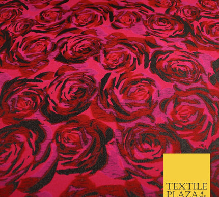 Magenta Red Black Blooming Roses Metallic Textured Brocade Fabric 8514