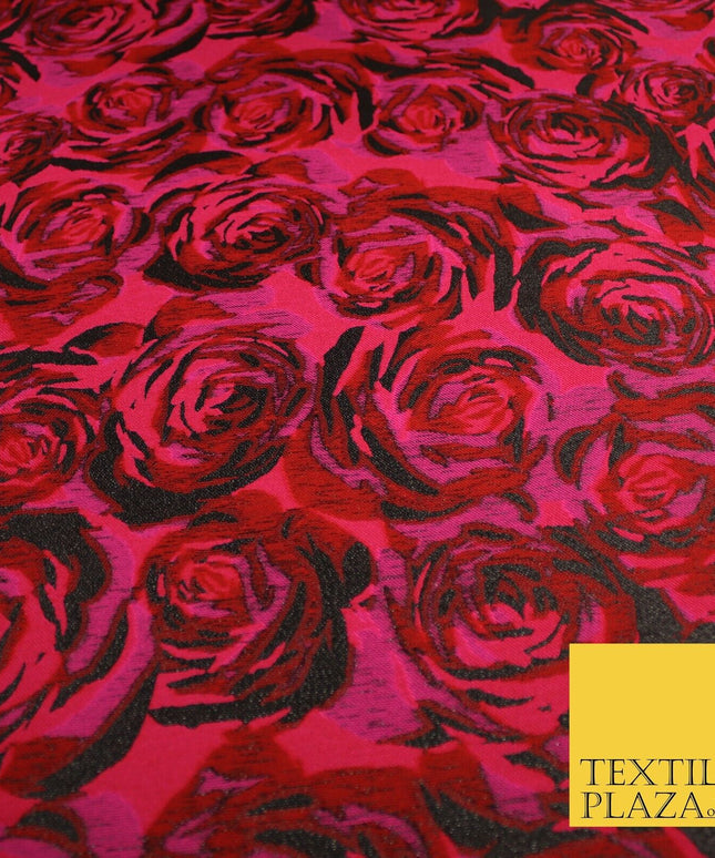Magenta Red Black Blooming Roses Metallic Textured Brocade Fabric 8514