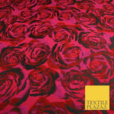Magenta Red Black Blooming Roses Metallic Textured Brocade Fabric 8514