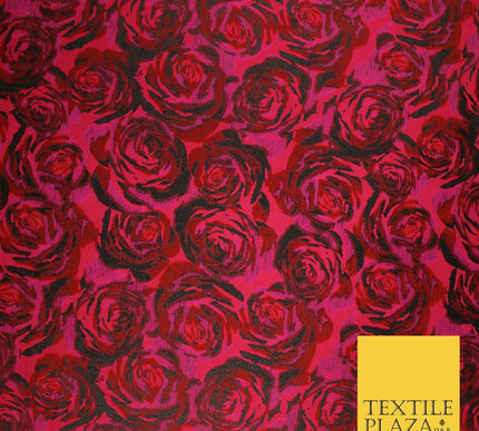 Magenta Red Black Blooming Roses Metallic Textured Brocade Fabric 8514