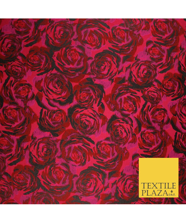Magenta Red Black Blooming Roses Metallic Textured Brocade Fabric 8514