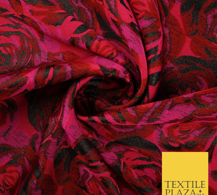 Magenta Red Black Blooming Roses Metallic Textured Brocade Fabric 8514