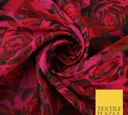Magenta Red Black Blooming Roses Metallic Textured Brocade Fabric 8514