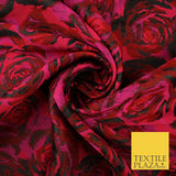 Magenta Red Black Blooming Roses Metallic Textured Brocade Fabric 8514