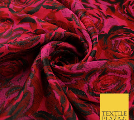Magenta Red Black Blooming Roses Metallic Textured Brocade Fabric 8514
