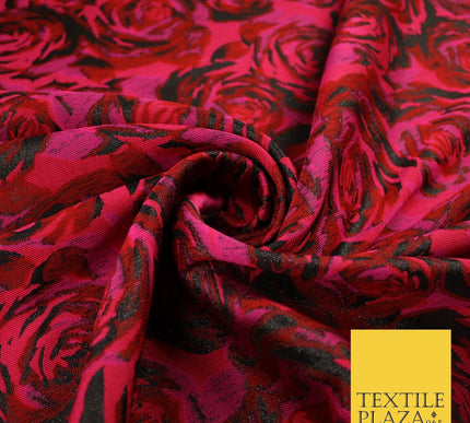 Magenta Red Black Blooming Roses Metallic Textured Brocade Fabric 8514