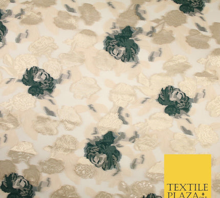 Green / Gold Metallic Rose Carnation Floral Textured Organza Fabric 8510