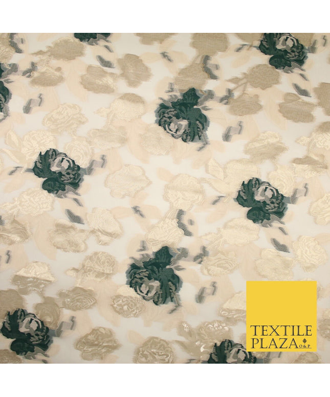 Green / Gold Metallic Rose Carnation Floral Textured Organza Fabric 8510