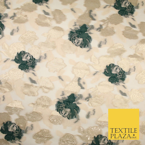 Green / Gold Metallic Rose Carnation Floral Textured Organza Fabric 8510