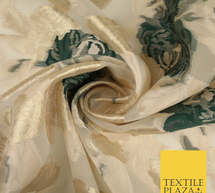 Green / Gold Metallic Rose Carnation Floral Textured Organza Fabric 8510