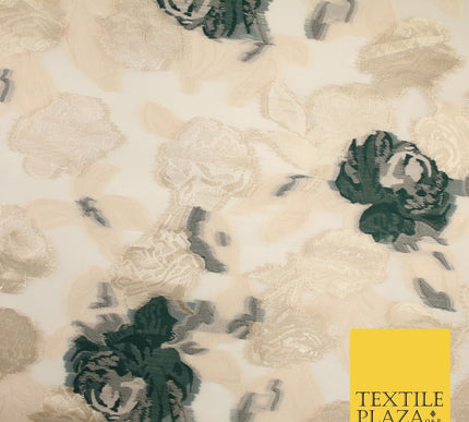 Green / Gold Metallic Rose Carnation Floral Textured Organza Fabric 8510