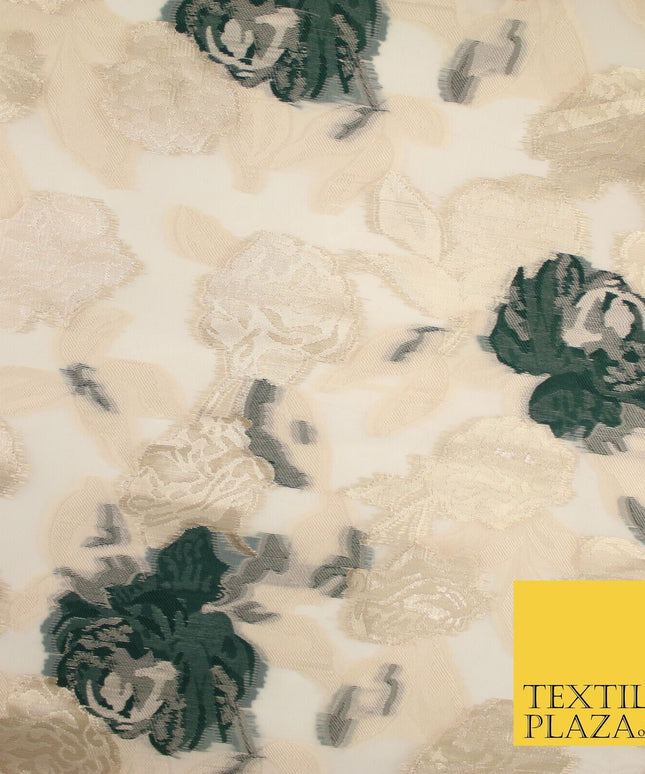 Green / Gold Metallic Rose Carnation Floral Textured Organza Fabric 8510