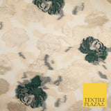 Green / Gold Metallic Rose Carnation Floral Textured Organza Fabric 8510