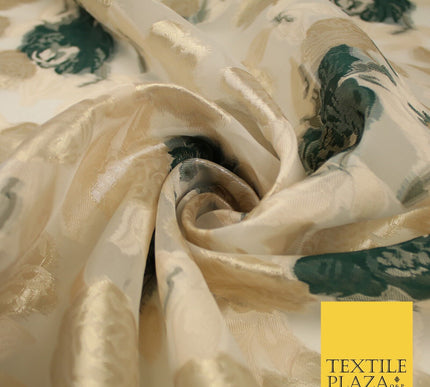 Green / Gold Metallic Rose Carnation Floral Textured Organza Fabric 8510