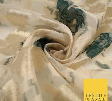 Green / Gold Metallic Rose Carnation Floral Textured Organza Fabric 8510