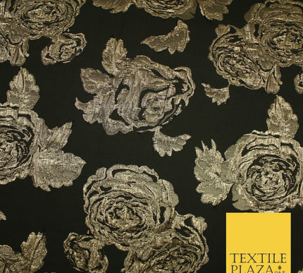 Black Gold Floral Bloom Textured Metallic Fancy Brocade Jacquard Fabric 8512
