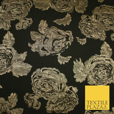 Black Gold Floral Bloom Textured Metallic Fancy Brocade Jacquard Fabric 8512