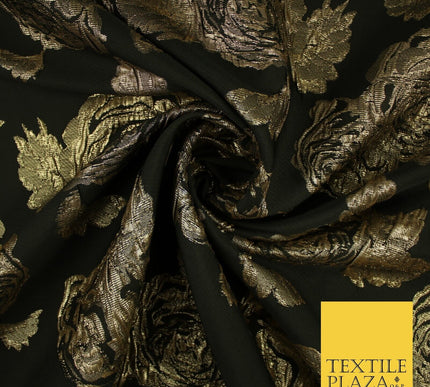 Black Gold Floral Bloom Textured Metallic Fancy Brocade Jacquard Fabric 8512
