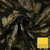 Black Gold Floral Bloom Textured Metallic Fancy Brocade Jacquard Fabric 8512