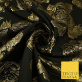Black Gold Floral Bloom Textured Metallic Fancy Brocade Jacquard Fabric 8512