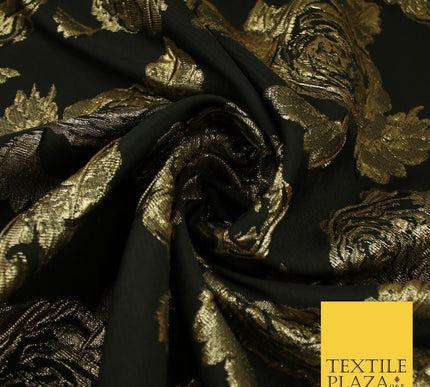 Black Gold Floral Bloom Textured Metallic Fancy Brocade Jacquard Fabric 8512