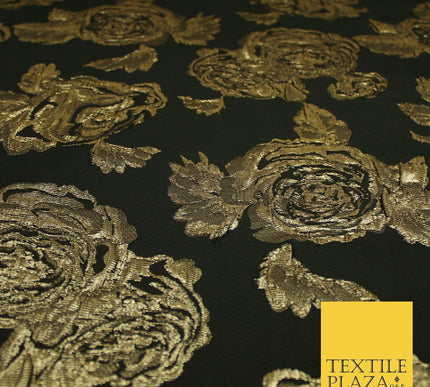 Black Gold Floral Bloom Textured Metallic Fancy Brocade Jacquard Fabric 8512