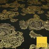 Black Gold Floral Bloom Textured Metallic Fancy Brocade Jacquard Fabric 8512