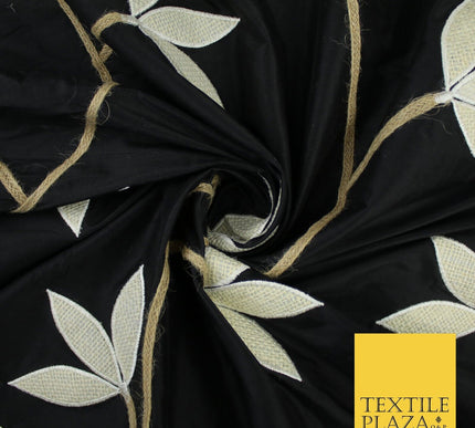 8 COLOURS Fryetts Luxury Floral Vine Trio Leaf Embroidered 100% PURE SILK Fabric