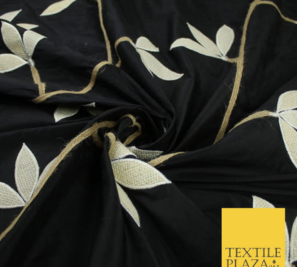 8 COLOURS Fryetts Luxury Floral Vine Trio Leaf Embroidered 100% PURE SILK Fabric