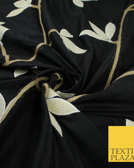 8 COLOURS Fryetts Luxury Floral Vine Trio Leaf Embroidered 100% PURE SILK Fabric