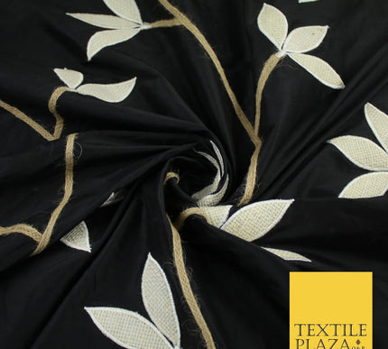 8 COLOURS Fryetts Luxury Floral Vine Trio Leaf Embroidered 100% PURE SILK Fabric