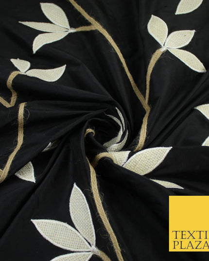 8 COLOURS Fryetts Luxury Floral Vine Trio Leaf Embroidered 100% PURE SILK Fabric