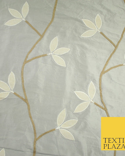 8 COLOURS Fryetts Luxury Floral Vine Trio Leaf Embroidered 100% PURE SILK Fabric