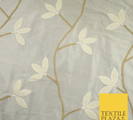8 COLOURS Fryetts Luxury Floral Vine Trio Leaf Embroidered 100% PURE SILK Fabric