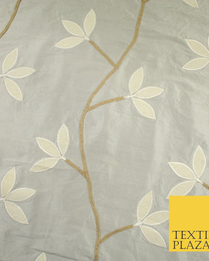 8 COLOURS Fryetts Luxury Floral Vine Trio Leaf Embroidered 100% PURE SILK Fabric