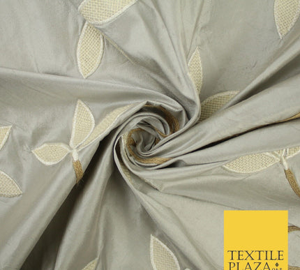 8 COLOURS Fryetts Luxury Floral Vine Trio Leaf Embroidered 100% PURE SILK Fabric