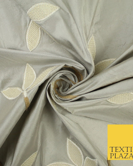 8 COLOURS Fryetts Luxury Floral Vine Trio Leaf Embroidered 100% PURE SILK Fabric